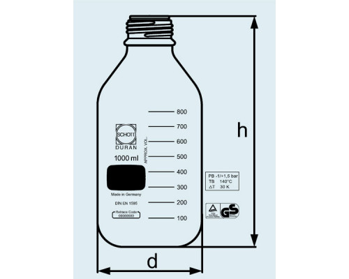 Бутыль DURAN Group 500 мл, GL45, без крышки и сливного кольца, устойчивая к давлению, бесцветное стекло (Артикул 1092235)