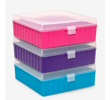 Коробка ISOLAB для виал Ø 11,6 мм, крышка на петлях, 100 ячеек (10 x 10), пурпурная, полипропилен (Артикул 080.01.002P)